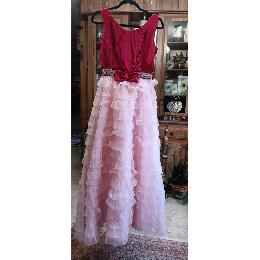Vintage 1950s Red Pink Full Layered Tulle Prom Party Dress Size M by Nadine